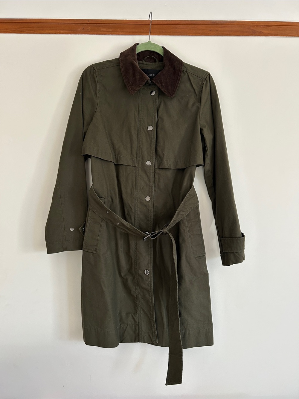 J. Crew Olive Green Trench Coat with Brown Corduroy Collar